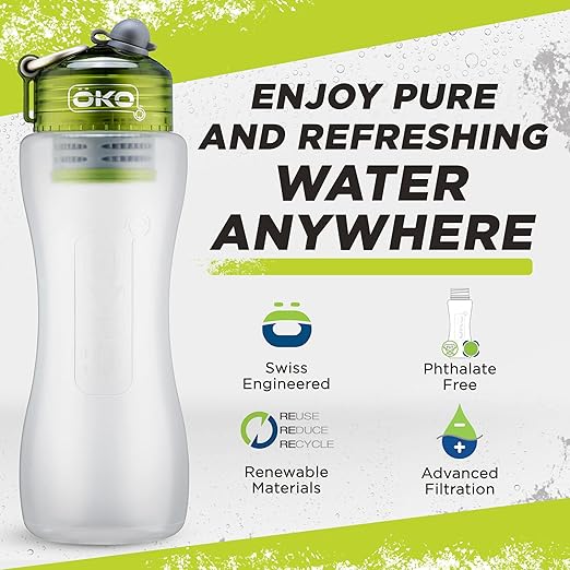 ÖKO - Advanced Water Bottle with Filter Derived from NASA Technology, Filtered Water Bottle for Travel/Outdoors & Home, Water Filter Bottle for Harmful Contaminants (1 L, Moss)