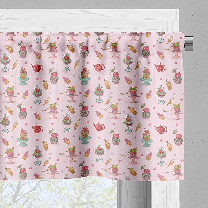 Ambesonne Ice Cream Valance & Tier Curtain 3 pcs Set, Retro Style Cupcakes Teapots Candies Cookies on Polka Dots Vintage Kitchen Print, Window Treatments for Kitchen Room Decor, 55" x 30", Pastel Pink