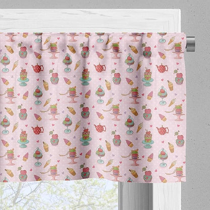 Ambesonne Ice Cream Valance & Tier Curtain 3 pcs Set, Retro Style Cupcakes Teapots Candies Cookies on Polka Dots Vintage Kitchen Print, Window Treatments for Kitchen Room Decor, 55" x 36", Pastel Pink