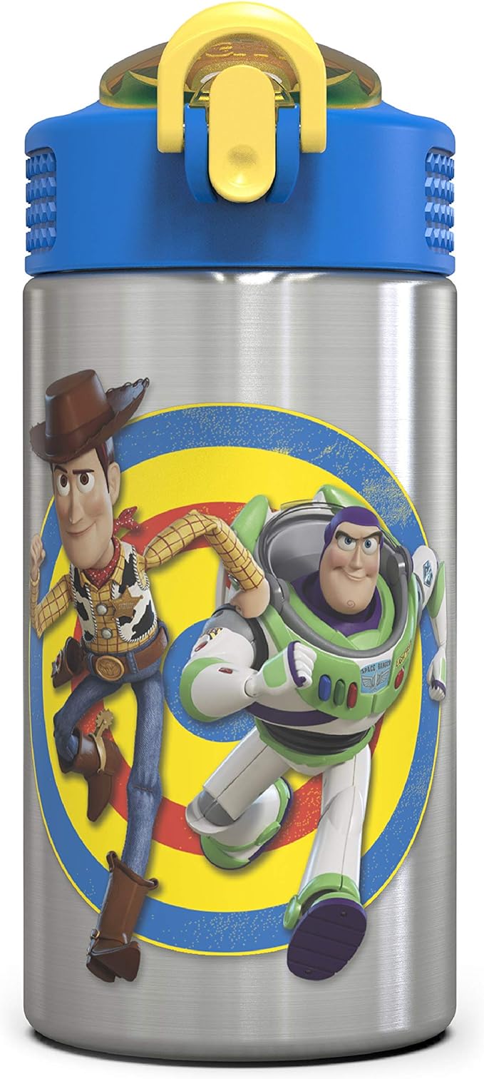 Zak Designs Toy Story 4 Buzz & Woody 15.5 ounce Water Bottle, Non-BPA with One Hand Operation Action Lid and Built-in Carrying Loop, with Straw is Perfect for Kids