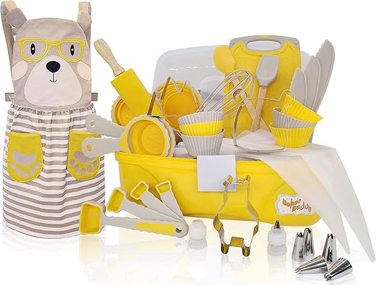 35-Piece Kids Baking Set with Teddy Bear Apron, Kid Friendly Knives, Cookie Cutters, Rolling Pin, Cutting Board, Whisk, Real Silicone Kitchen Accessories for Cooking and More