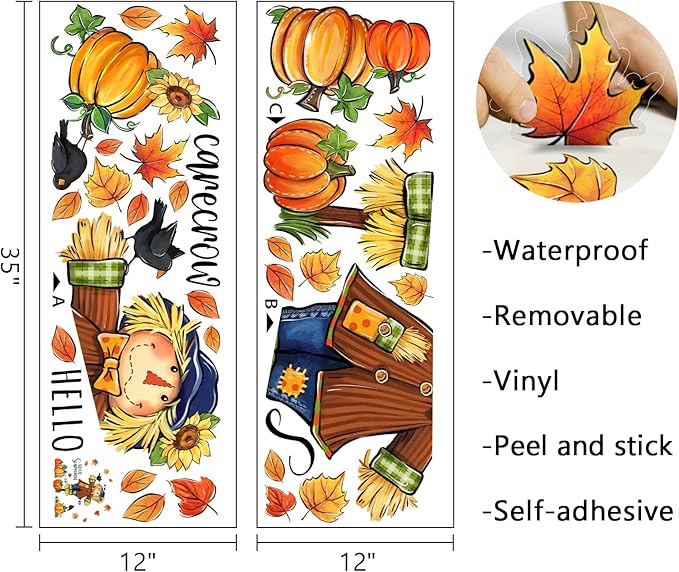 Mfault Fall Hello Scarecrow Wall Decals Stickers, Autumn Pumpkin Maple Leaves Farmhouse Decorations Bedroom Art, Thanksgiving Crow Sunflower Seasonal Home Kitchen Decor