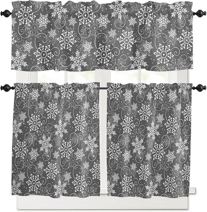 Vandarllin Christmas Kitchen Curtains and Valances Set, Grey White Snowflakes Pattern Windows Treatments Tiers Half/Short Curtains for Small Windows Cafe/Living Room/Bedroom 54x24 in Winter