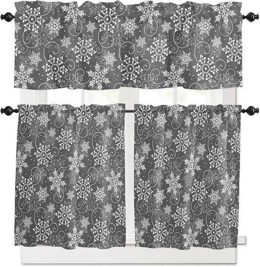 Vandarllin Christmas Kitchen Curtains and Valances Set, Grey White Snowflakes Pattern Windows Treatments Tiers Half/Short Curtains for Small Windows Cafe/Living Room/Bedroom 54x36 in Winter