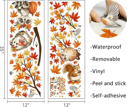 Mfault Fall Maple Tree Woodland Animal Wall Decals Stickers, Autumn Raccoon Hedgehog Squirrel Owl Bird Decorations Bedroom Art, Thanksgiving Pumpkin Seasonal Home Kitchen Decor