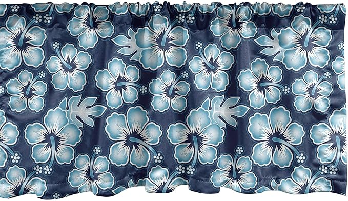 Ambesonne Aloha Window Valance, Hibiscus Hawaiian Tropical Island Flowers Petals and Buds Leaves Art Print, Curtain Valance for Kitchen Bedroom Decor with Rod Pocket, 54" X 18", Dark Blue Sky Blue