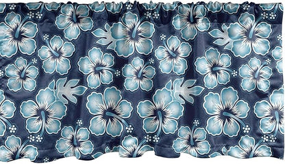 Ambesonne Aloha Window Valance, Hibiscus Hawaiian Tropical Island Flowers Petals and Buds Leaves Art Print, Curtain Valance for Kitchen Bedroom Decor with Rod Pocket, 54" X 12", Dark Blue Sky Blue