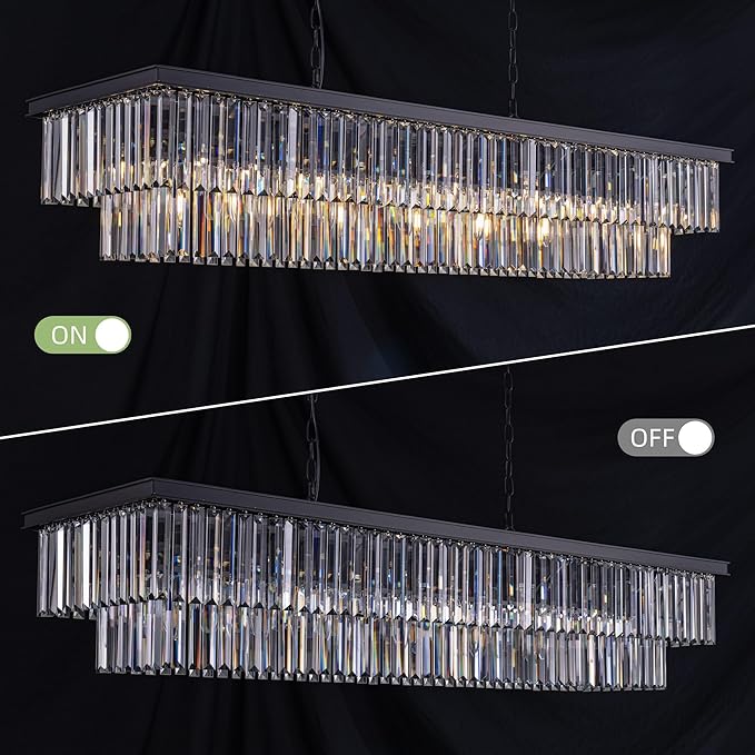 Wellmet Crystal Chandelier, 57 Inch 13-Light Black Chandelier for Dining Room Light Fixture Ceiling Hanging, Modern Rectangular Chandeliers for Kitchen Island, Living Room, Bedroom, Dining Table