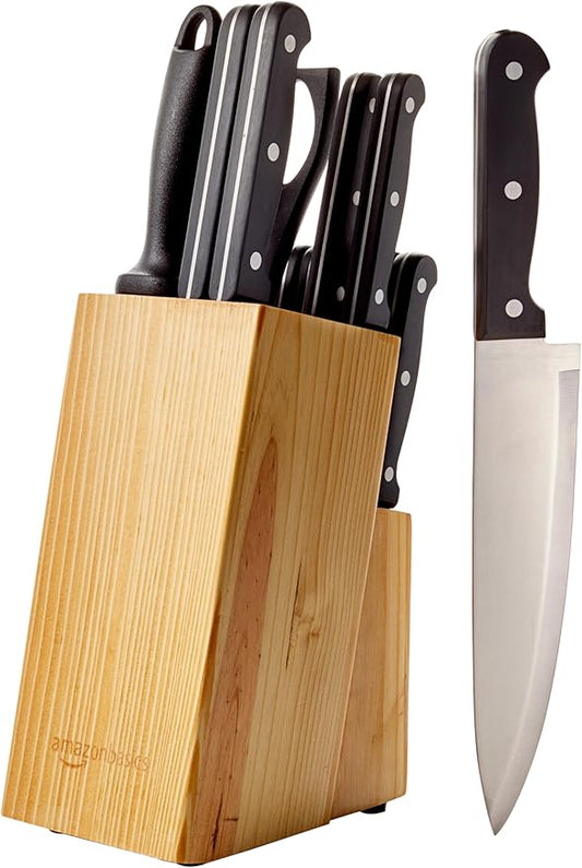 Amazon Basics 14-Piece Kitchen Knife Set with High-Carbon Stainless-Steel Blades and Pine Wood Block, Black