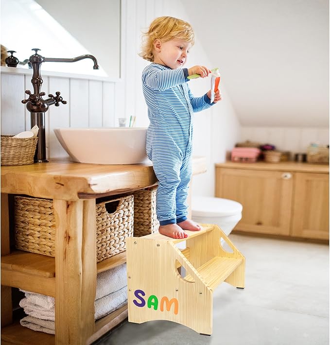 Wooden Step Stool, Two Step Stools Toddler 300 lbs Capacity with Safety Non-Slip Pads and Handles, Bamboo Step Stool for Bathroom, Kitchen Step Stools Dual Height Step Stools for Kids Natural