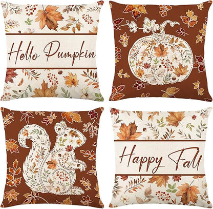 Fall Decorations for Home, Fall Pillow Covers 18x18 Set of 4, Thanksgiving Decorations Autumn Cushion Case for Couch(Fall08)