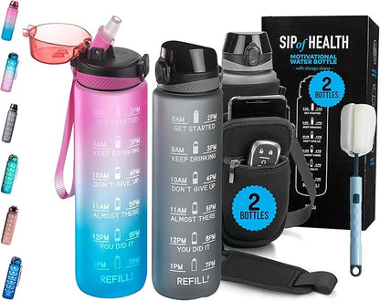 2 PACK: 32 Oz Water Bottle with Time Marker - Motivational Gym Water Bottle with Strap & Holder for Everyday Use | Water Bottles with Times to Drink | Big Water Bottle with Straw, Leak Proof & Durable