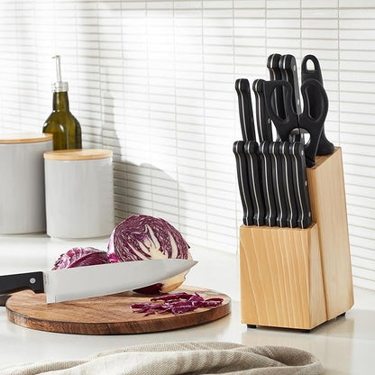 Amazon Basics 14-Piece Kitchen Knife Set with High-Carbon Stainless-Steel Blades and Pine Wood Block, Black