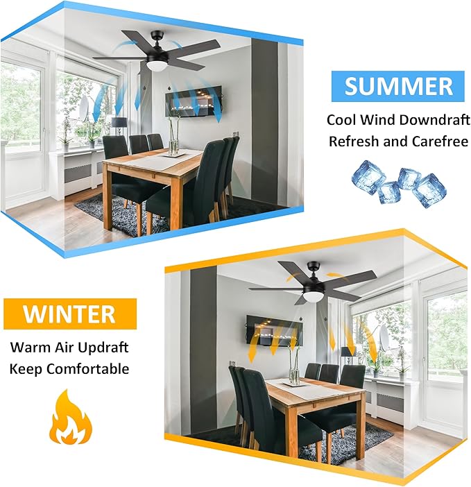 52 Inch Black Pull Chain Ceiling Fan with 2 in 1 Reversible Blade, 3-color LED Light, 5 Speeds Quiet Reversible DC Motor, 5 Plywood Blades Modern Ceiling Fan for Living Room, Bedroom, Kitchen