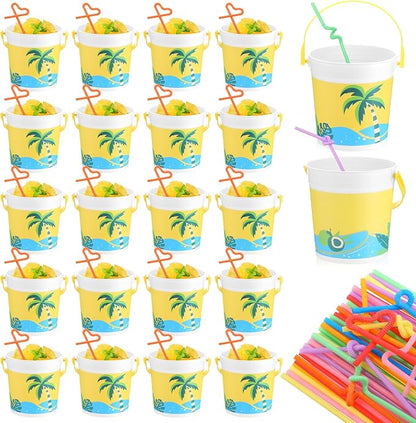 Yaomiao 32 oz Plastic Cocktail Rum Buckets for Drinks with 100 Colorful Straws Portable Drink Buckets for Parties Reusable Punch Bowls for Summer Beach Bar Kitchen (20)