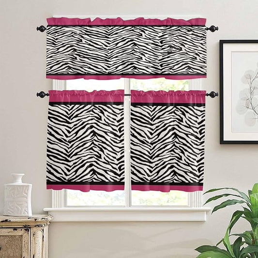 Vandarllin Kitchen Curtains and Valances Set,Animal Zebra Print Window Treatments Tiers Black White Pink Semi Sheer Half/Short Curtains for Small Windows Cafe/Living Room/Bedroom 54x24 in, 3-Piece