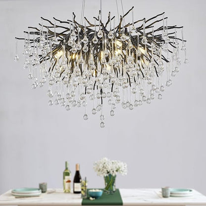 23.6in Black Crystal Chandelier, Modern Tree Branch Chandeliers for Dining Room, 8-Light Farmhouse Chandelier Ceiling Light Fixture for Living Room,Kitchen Island Foyer