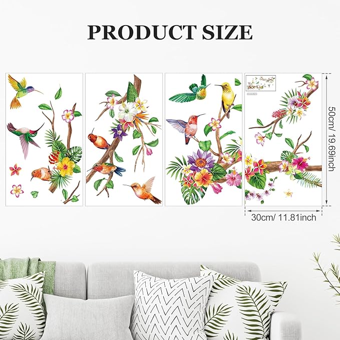 Zonon Flowers Wall Decals Vinyl Dragonflies Flowers Wall Stickers Removable Floral Wall Murals Peel and Stick Colorful Flower Wall Decor for Bedroom Living Room Nursery(Hummingbirds)