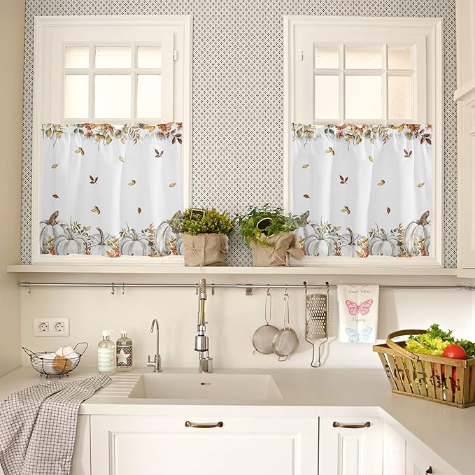 Vandarllin Fall Floral Leaves Kitchen Curtains and Valances Set, Thanksgiving Pumpkins Small Windows Treatments Tiers Half/Short Curtains for Cafe/Living Room/Bedroom 54x24 in-, Boho