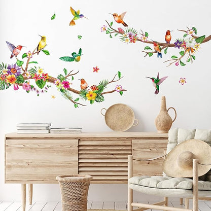 Zonon Flowers Wall Decals Vinyl Dragonflies Flowers Wall Stickers Removable Floral Wall Murals Peel and Stick Colorful Flower Wall Decor for Bedroom Living Room Nursery(Hummingbirds)