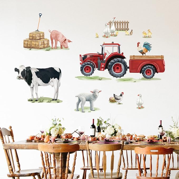 wondever Farm Animals Cow Wall Stickers Farmhouse Truck Roosters Peel and Stick Wall Art Decals for Kitchen Living Room Kids Room