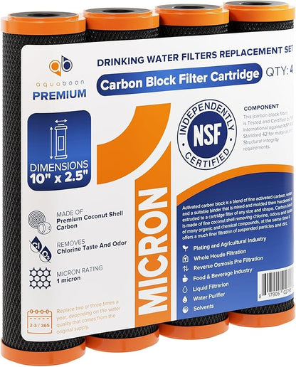 Aquaboon 1 Micron Carbon Water Filter 10 x 2.5" - Countertop & Under Sink Water Filter Replacement Cartridge - Carbon Block Filter CTO for Home Water Filter Systems Compatible with GE FXWTC (4 Pack)