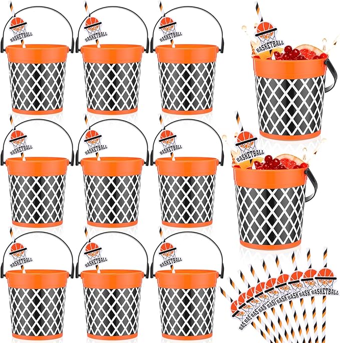 12 Pcs 32oz Basketball Party Favors Rum Buckets Plastic Basketball Cocktail Buckets for Drinks Plastic Ice Pail Bulk with Handle and Straw Reusable Punch Bowls for Drinkware Beer Beverage