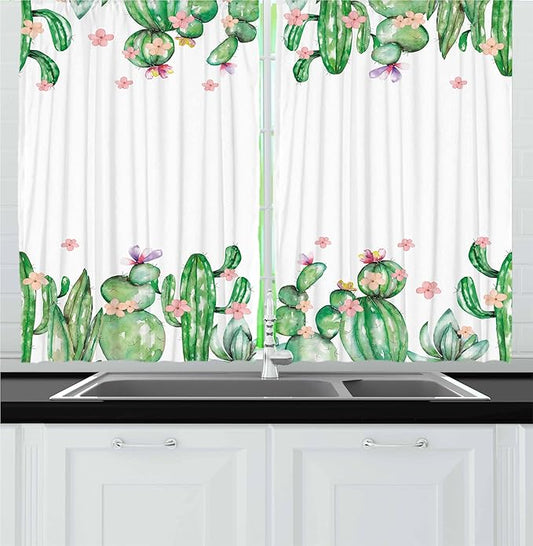 Ambesonne Cactus Kitchen Curtains, Mexico Style Romantic Tender Blossoms and Barren Heath Natural Vegetation, Window Drapes 2 Panel Set for Kitchen Cafe Decor, 55" x 36", Green Coral