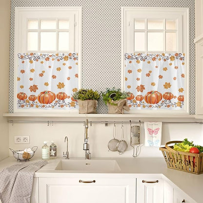 Vandarllin Fall Maple Leaves Kitchen Curtains and Valances Set, Thanksgiving Watercolor Pumpkins Small Windows Treatments Tiers Half/Short Curtains for Cafe/Living Room/Bedroom 54x24 in-, Orange