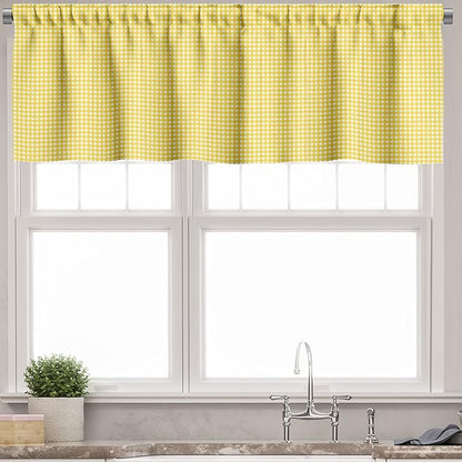 Ambesonne Checkered Valance & Tier Curtain 3 pcs Set, Classic English Pattern in Yellow Picnic in Summertime Theme Retro Striped, Window Treatments for Kitchen Room Decor, 55" x 36", Yellow White