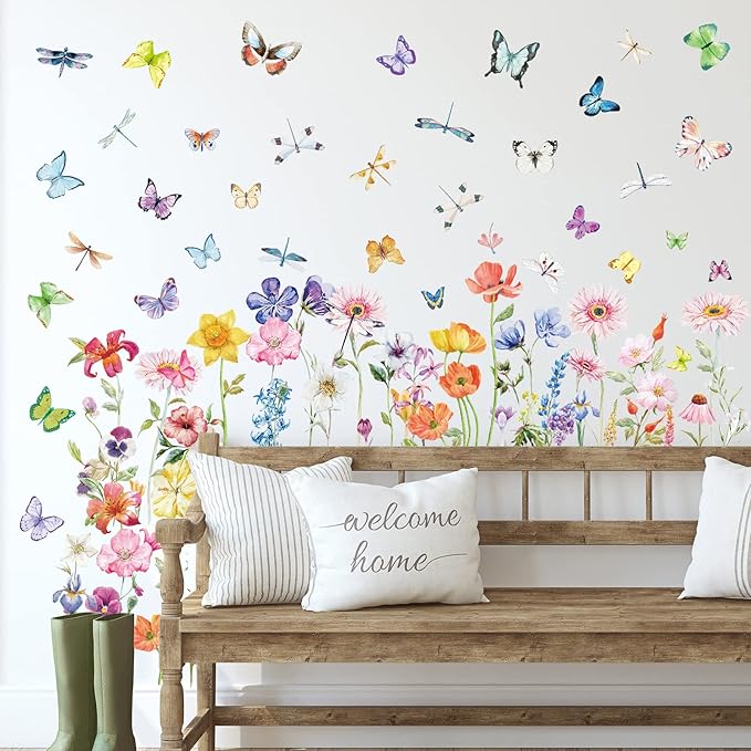 Zonon Flowers Wall Decals Vinyl Dragonflies Flowers Wall Stickers Removable Floral Wall Murals Peel and Stick Colorful Flower Wall Decor for Bedroom Living Room Nursery(Modern)