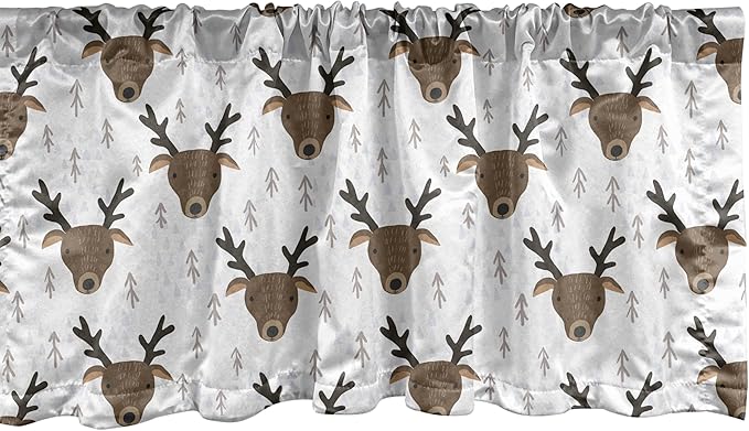 Ambesonne Landscape Window Valance, Winter Woods Theme Pattern of Deer Heads with Antlers and Fir Trees, Curtain Valance for Kitchen Bedroom Decor with Rod Pocket, 42" x 18", White Sepia Dark Taupe