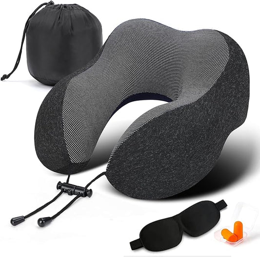 Travel Pillow, Best Memory Foam Neck Pillow Head Support Soft Pillow for Sleeping Rest, Airplane Car & Home Use (Black-E)