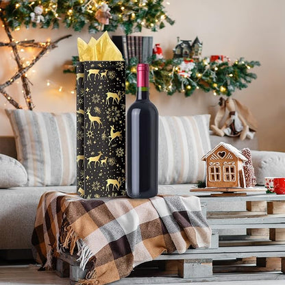 Whaline 12Pcs Christmas Wine Bottle Gift Bags with Gold Tissue Paper Black Gold Xmas Tree Elk Snowflake Bottle Bag with Handle Paper Wine Bag for Winter Party Favor Hostess Gift Home Table Decor