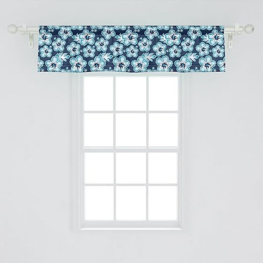 Ambesonne Aloha Window Valance, Hibiscus Hawaiian Tropical Island Flowers Petals and Buds Leaves Art Print, Curtain Valance for Kitchen Bedroom Decor with Rod Pocket, 42" x 12", Dark Blue Sky Blue