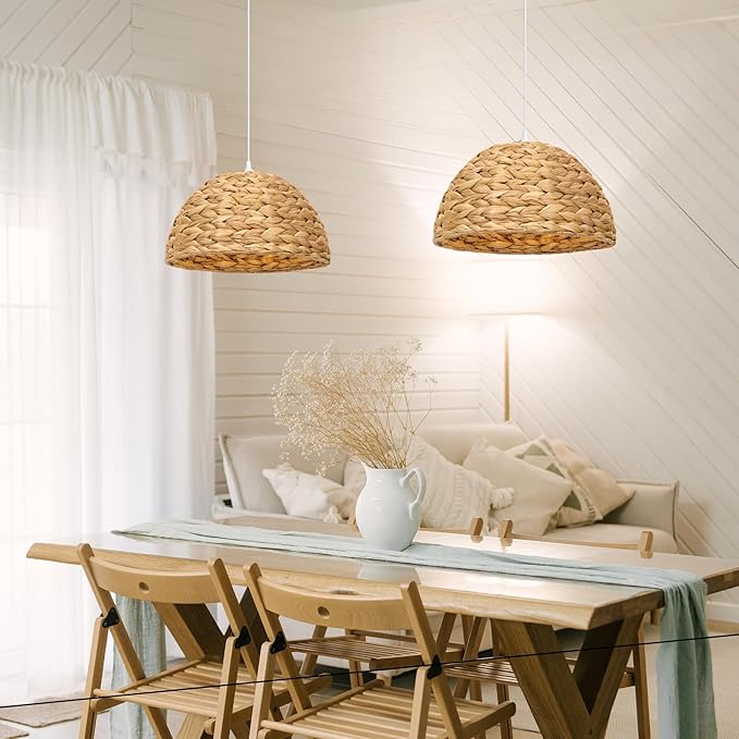 Rattan Pendant Light - Dome Pendant Lights for Home Decor - Natural Woven Pendant Light; Wicker Pendant Light for Dining Room, Kitchen Island, Bedroom