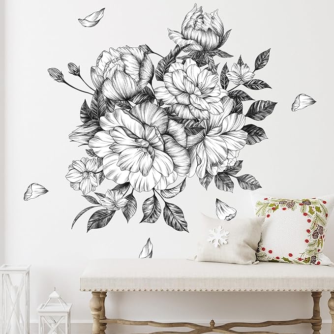 Zonon Flowers Wall Decals Vinyl Dragonflies Flowers Wall Stickers Removable Floral Wall Murals Peel and Stick Colorful Flower Wall Decor for Bedroom Living Room Nursery(Floral Peony)