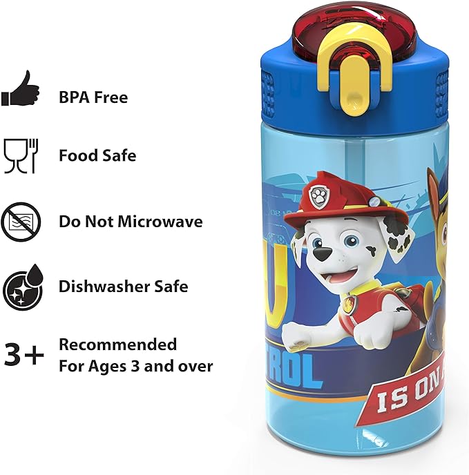 Zak Designs PAW Patrol Kids Water Bottle with Spout Cover and Built-in Carrying Loop, Durable Plastic, Leak-Proof Water Bottle Design for Travel (16 oz, 2-Pack, Non-BPA, Marshall)