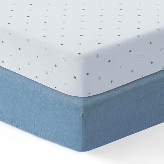 100% Cotton Muslin crib sheets for Boys and Toddler, Soft and Breathable, crib sheets girl Snug Fit, Machine Washable, Multiple Colors, Blue/Star Muslin Size 28"x52"x9"