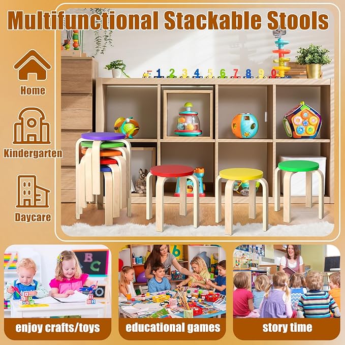 6 Pcs 12 Inch Bentwood Stacking Stool for Kids Colored Durable Round Nesting Stool Flexible Wood Stackable Stool Chairs for Playroom Daycare Home Classroom (Classic Color)