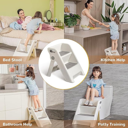 UNCLE WU Foldable 2-Step Stool for Kids -Potty Seat Training Aid with Safety Handles,Durable - Perfect for Potty Training, Bathroom Sink,Kitchen Stand Stool & Bedroom Step Stool