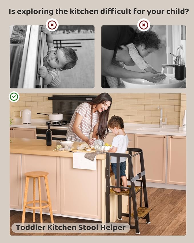 Toddler Kitchen Stool Helper - Toddler Learning Kitchen Tower for 1-3 Kids, Steel-Wood Toddler Stool for Kitchen Counter & Bathroom - Adjustable Height Standing Tower - Step Stool for Toddler