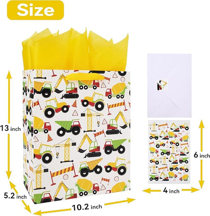 13" Large Vehicle-themed Gift Bags Set with Greeting Card and Tissue Paper (Yellow Car Design) for boys, Construction Kids Birthday Party, Baby boy, Baby Shower, Newborn -10.2”x5.2”x13”, 1 Pcs