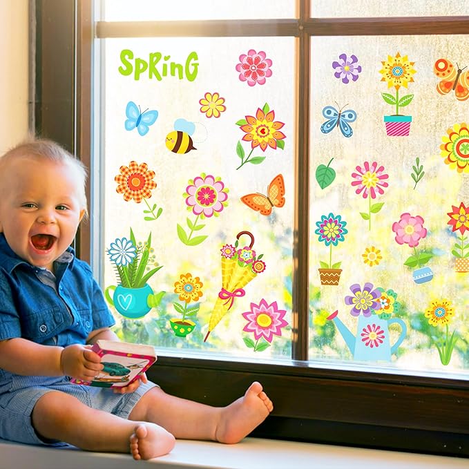 8 Sheets Floral Cartoon Window Clings Spring Flower Static Window Stickers Refrigerator Glass Stickers Party Decorations Add Joy to The Season and Home Decoration