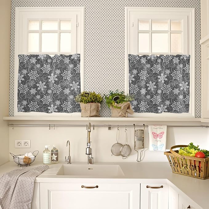 Vandarllin Christmas Kitchen Curtains and Valances Set, Grey White Snowflakes Pattern Windows Treatments Tiers Half/Short Curtains for Small Windows Cafe/Living Room/Bedroom 54x24 in Winter