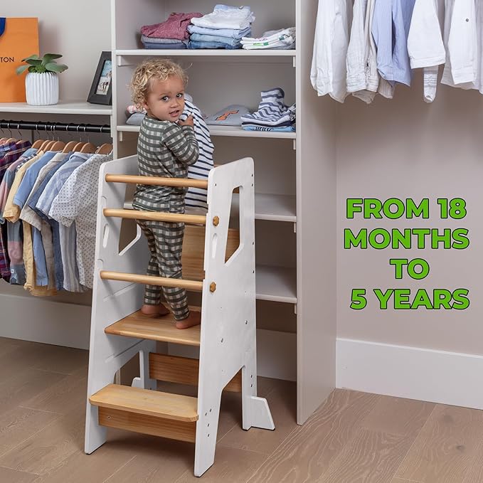 Toddler Standing Tower - Safe Montessori Step Stool for Toddlers, Perfect Tower for Learning New Skills - Ideal Helper for Little Kids in The Kitchen - White