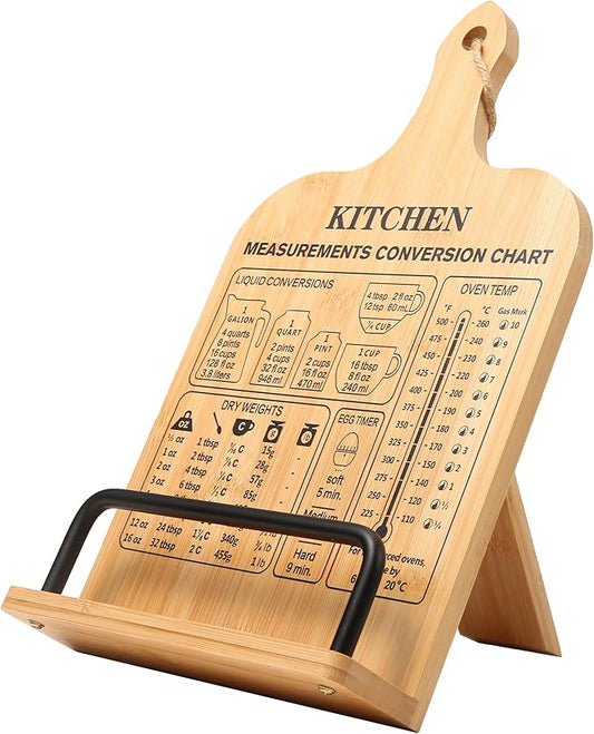 Adjustable Bamboo Cookbook Stand for Kitchen Counter-Sturdy Cook Book Holder-Recipe Book Holder-Birthday Anniversary Housewarming New Home Wedding Christmas Gift-Kitchen Measurement Conversion Chart