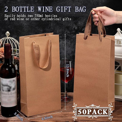 Yeaqee 50 Pack Wine Bags for Wine Double Bottles Gifts Bags 6.6" x 3.6" x 13.8" Craft Wine Bottle Wine Bags Bulk with Handles Reusable Paper Tumbler Wine Bags, Liquor Gift Bag with Handles (Brown)