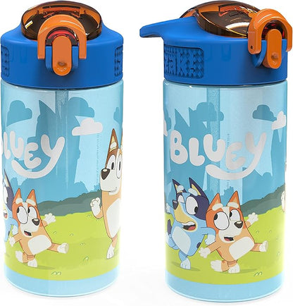 Zak Designs Bluey Kids Durable Plastic Spout Cover and Built-in Carrying Loop, Leak-Proof Water Design for Travel, (16oz, 2pc Set), Bluey Bottle 2pk