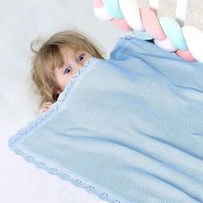 100% Cotton Baby Blanket Knit Lace Soft Warm Toddler Blanket,30 x 40 Inches，Sky Blue